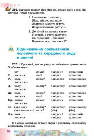 ^ 256. Відгадай загадки Лесі Вознюк, спиши одну з них. Ви­
знач рід і число прикметників.
1. І поживне, і смачне,
Біле, пінне, запашне.
Залюбки малята п’ють,
Здоровенькими ростуть.
2. До дітей на кожне свято
Просять в гості завітати,
Бо солодкий і смачний.
Здогадались, хто такий?
,43, Відмінювання прикметників
чоловічого та середнього роду
в однині
257. І. Прочитай, зверни увагу на закінчення прикметників.
Зроби висновок.
кіт який? лагідний домашній
н. кошеня яке? лагідне домашнє
р. кота якого? лагідного домашнього
кошеняти
д. коту якому? лагідному домашньому
кошеняті
Зн. кота якого? лагідного домашнього
кошеня яке? лагідне домашнє
Ор. котом яким? лагідним домашнім
кошеням
М. (на) коту якому? лагідному домашньому
(на) кошеняті якім? (-ім) (-ім)
Кл. коте лагідний домашній
кошеня лагідне домашнє
II. Поясни вживання м’якого знака в родовому, давальному
й місцевому відмінках.
 