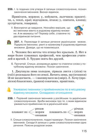 236. І. Із поданих слів утвори й запиши словосполучення, познач
закінчення іменників. Визнач відмінок.
Привітати, моряки; у, побувати, льотчики; прилеті­
ти, з, теплі, краї; підгодівля, птахи; у, спитати, хлопці;
зустрічати, товариші.
II. Виконуючи це завдання, Незнайко вирішив, що
всі іменники вжито в родовому відмінку множи­
ни. А як вважаєш ти? Перевір себе, ставлячи по
два відмінкові питання.
237. А. Переклади й запиши речення українською мовою.
Підкресли іменники, ужиті в називному й родовому відмінках
множини. Доведи, що не помиляєшся.
1. Человек без мечты что птица без крыльев. 2. Нет в
мире более гуманных профессий, чем профессии учите­
лей и врачей. 3. Трудно жить без друзей.
Б. Прочитай. Спиши, розкривши дужки та ставлячи слова у по­
трібному відмінку множини. Познач закінчення.
1. Дмухнула зима холодом, зірвала листя з (ліси) та
(гаї) і розкидала його по землі. Бачить зима, що (пташки)
їй не наздогнати, — і накинулася на (звірі). 2. Хочу (про­
ліски) блакитних, (ранки) сонячних, привітних.
Уживаємо іменники з прийменником по в місцевому
відмінку множини. Складаємо оголошення
238. І. Порівняй закінчення іменників у російських та українських
словосполученнях. Зроби висновок про те, з яким відмінком
уживається прийменник по в українській мові.
плавают по
рекам
—морям
океанам
плавають по
річках
морях
океанах
II. Спиши словосполучення, подані праворуч. Познач закінчення
іменників. Склади й запиши з цими словосполученнями одне
речення. Поясни розділові знаки.
115
 