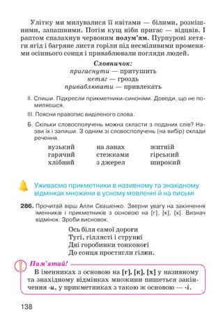 Улітку ми милувалися її квітами — білими, розкіш­
ними, запашними. Потім кущ ніби пригас — відцвів. І
раптом спалахнув червоним полум’ям. Пурпурові кетя­
ги ягід і багряне листя горіли під несміливими променя­
ми осіннього сонця і приваблювали погляди людей.
Словничок:
пригаснути — притушить
кетяг — гроздь
приваблювати — привлекать
II. Спиши. Підкресли прикметники-синоніми. Доведи, що не по­
миляєшся.
III. Поясни правопис виділеного слова.
Б. Скільки словосполучень можна скласти з поданих слів? На­
зви їх і запиши. З одним зі словосполучень (на вибір) склади
речення.
вузький на ланах житній
гарячий стежками гірський
хлібний з джерел широкий
Уживаємо прикметники в називному та знахідному
відмінках множини в усному мовленні й на письмі
286. Прочитай вірш Алли Свашенко. Зверни увагу на закінчення
іменників і прикметників з основою на [г], [к], [х]. Визнач
відмінок. Зроби висновок.
Ось біля самої дороги
Тугі, гіллясті і стрункі
Дві горобинки тонконогі
До сонця простягли гілки.
Лр) П ам ’я т а й І---------------------------------------------------------.
В іменниках з основою на [Г], [К], [X] у називному І
та знахідному відмінках множини пишеться закін­
чення -и, у прикметниках з такою ж основою----і.
138
 
