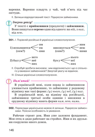 варення. Варення кладуть у чай, чай п’ють під час
застуди.
II. Запиши відредагований текст. Підкресли займенники.
Зверни увагу! ---------------------------------------------------------------------
У тексті є прийм енники (предлоги) і займ енники.
Вони пишуться окрем о один від одного: на ній, з них,
під нею.
301. І. Порівняй російські й українські словосполучення.
II. Спробуй зробити висновок: чим відрізняються і що є спільно­
го у вживанні займенників? Звертай увагу на відмінок.
III. Спиши українські словосполучення.
Пам’ятай! -------------------------------------------------------------------------^
В українській мові, коли поряд із займенником
уживається прийменник, то займенник у родовому
відмінку має такі форми: (у) нього, (у) неї, (у) них.
В українській мові, на відміну від російської,
займенники третьої особи однини і множини в
^ орудному відмінку мають форми ним, нею, ними. ^
302. Переклади українською мовою й запиши. Підкресли займен­
ники. Поясни особливість їх уживання.
Рабочие строят дом. Ими уже заложен фундамент.
Мои отец и дядя работают на стройке. Ими и их друзья­
ми сооружено много домов.
146
 