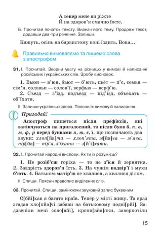 А тепер мене ви ріжте
Й на здоров’я смачно їжте.
Б. Прочитай початок тексту. Визнач його тему. Продовж текст,
додавши два-три речення. Запиши.
Кажуть, осінь на барвистому коні їздить. Вона...
Правильно вимовляємо та пишемо слова
з апострофом
31.1. Прочитай. Зверни увагу на різницю у вимові й написанні
російських і українських слів. Зроби висновок.
1. Вьюн — в’юн, бьют — б’ють, пьёт — п’є, семья —
сім’я, соловьи — солов’ї, верфью — верф’ю.
2. Съезд — з’їзд, подъезд — під’їзд, объехать —
об’їхати.
І. Запиши українські слова. Поясни їх вимову й написання.
Пригадай!
Апостроф пишеться після префіксів, які
закінчуються на приголосний, та після букв б, п, в,
м, ф, р перед буквами я, ю, є, ї, що позначають два
звуки: хлоп[йата — хлоп’ята, м[йа]ча — м ’яча,
пір[йа] — пір’я, з ’їхати — з[й'їхати.
32. І. Прочитай народні вислови. Як ти їх розумієш?
1. Не розіб’єш горіха — то не з’їси й зернятка.
2. Заздрість здоров’я їсть. 3. На чужім подвір’ї і мухи
б’ють. 4. Батьком-матір’ю не хвалися, а хвалися ділом.
II. Спиши. Поясни правопис виділених слів.
33. Прочитай. Спиши, замінюючи звуковий запис буквеним.
0[бйі]хав я багато країв. Тепер у місті живу. Та враз
згадав хло[пйа]чі забави на батьковому подві[рйі]. За­
дзвеніли мені соло[вйі], кропи[вйа]нки, заворкотіли
15
 