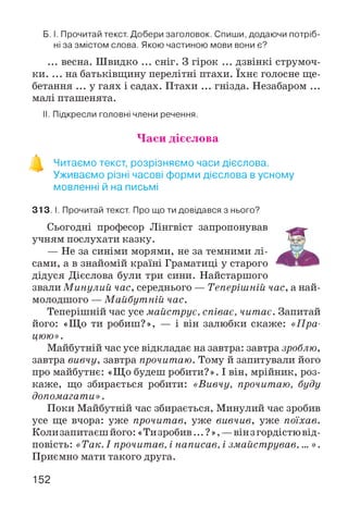 Б. І. Прочитай текст. Добери заголовок. Спиши, додаючи потріб­
ні за змістом слова. Якою частиною мови вони є?
... весна. Швидко ... сніг. З гірок ... дзвінкі струмоч­
ки. ... на батьківщину перелітні птахи. їхнє голосне ще­
бетання ... у гаях і садах. Птахи ... гнізда. Незабаром ...
малі пташенята.
II. Підкресли головні члени речення.
Часи дієслова
Читаємо текст, розрізняємо часи дієслова.
Уживаємо різні часові форми дієслова в усному
мовленні й на письмі
313. І. Прочитай текст. Про що ти довідався з нього?
Сьогодні професор Лінгвіст запропонував
учням послухати казку.
— Не за синіми морями, не за темними лі­
сами, а в знайомій країні Граматиці у старого
дідуся Дієслова були три сини. Найстаршого
звали. М инулий час, середнього — Теперішній час, а най­
молодшого — М айбутній час.
Теперішній час усе майструє, співає, читає. Запитай
його: «Що ти робиш?», — і він залюбки скаже: «Пра­
цюю» .
Майбутній час усе відкладає на завтра: завтра зроблю,
завтра вивчу, завтра прочитаю. Тому й запитували його
про майбутнє: «Що будеш робити?». І він, мрійник, роз­
каже, що збирається робити: «Вивчу, прочитаю, буду
допомагати».
Поки Майбутній час збирається, Минулий час зробив
усе ще вчора: уже прочитав, уже вивчив, уже поїхав.
Коли запитаєш його: «Ти зробив... ?», —він з гордістю від­
повість: «Так. І прочитав, і написав, і змайстрував,... ».
Приємно мати такого друга.
152
 