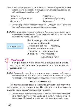 346. І. Прочитай російські та українські словосполучення. У якій
формі вжито дієслова? Чим відрізняється форма дієслів у ро­
сійській і українській мовах?
читать
любить
беречь
читати
любити
берегти
книгу
II. Спиши українські словосполучення. Склади з ними речення
так, щоб дієслова стали однорідними членами.
347. Прочитай вірш і запам’ятай його. Розкажи, чого немає в діє­
словахукраїнської мови. Запиши українські дієслова, з остан­
німи двома склади речення.
Знай, що в українській мові
-чь немає в дієслові.
Порівняй: испечь — спекти,
А помочь — допомогти,
Постеречь — постерегти,
А сберечь — то зберегти.
А лла Свашенко
Ґ^р П ам’ятай! ------------------------------------------------------ ■ч
В українській мові дієслова в неозначеній формі
мають у кінці -ти, -тися (-ться) і ніколи не закін-
^ чуються на -чь.____________________________________ ^
348. І. Прочитай текст. Кого стосується наказ книжки: тебе, мене,
їх чи всіх нас? Коли його треба виконувати: с ь о г о д н і, завтра
чи завжди? Яка форма дієслова для цього використана?
НАКАЗ КНИЖКИ
Не можна брати мене немитими руками. Не варто чи­
тати мене, коли сідаєш їсти. Не слід писати й малювати
на моїх сторінках. Треба берегти мене.
II. Спиши текст, підкресли дієслова, вжиті в неозначеній формі.
Усно перебудуй текст так, щоб видно було, якти виконуєш на­
каз книжки. Подумай, у якому часі ти вживатимеш дієслова.
допомагати
166
 