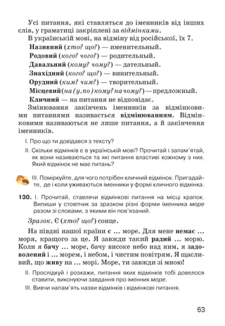 Усі питання, які ставляться до іменників від інших
слів, у граматиці закріплені за відмінками.
В українській мові, на відміну від російської, їх 7.
Називний {хто? що?) — именительный.
Родовий (кого? чого?) — родительный.
Давальний (кому? чому?) — дательный.
Знахідний (кого? що?) — винительный.
Орудний (ким? чим?) — творительный.
Місцевий (ка (у, по) кому? начому?) —предложный.
Кличний — на питання не відповідає.
Змінювання закінчень іменників за відмінкови­
ми питаннями називається відмінюванням. Відмін­
ковими називаються не лише питання, а й закінчення
іменників.
I. Про що ти довідався з тексту?
II. Скільки відмінків є в українській мові? Прочитай і запам’ятай,
як вони називаються та які питання властиві кожному з них.
Який відмінок не має питань?
III. Поміркуйте, для чого потрібен кличний відмінок. Пригадай­
те, де і коли уживаються іменники у формі кличного відмінка.
130. І. Прочитай, ставлячи відмінкові питання на місці крапок.
Випиши у стовпчик за зразком різні форми іменника море
разом зі словами, з якими він пов’язаний.
Зразок. Є (хто? що?) сонце.
На півдні нашої країни є ... море. Для мене немає ...
моря, кращого за це. Я завжди такий радий ... морю.
Коли я бачу ... море, бачу високе небо над ним, я задо­
волений і ... морем, і небом, і чистим повітрям. Я щасли­
вий, що живу на ... морі. Море, ти завжди зі мною!
II. Прослідкуй і розкажи, питання яких відмінків тобі довелося
ставити, виконуючи завдання про іменник море.
III. Вивчи напам’ять назви відмінків і відмінкові питання.
63
 