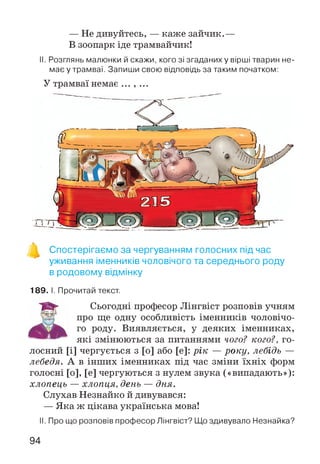 — Не дивуйтесь, — каже зайчик.—
В зоопарк іде трамвайчик!
II. Розглянь малюнки й скажи, кого зі згаданих у вірші тварин не­
має у трамваї. Запиши свою відповідь за таким початком:
У трамваї немає ... , ...
Спостерігаємо за чергуванням голосних під час
уживання іменників чоловічого та середнього роду
в родовому відмінку
189. І. Прочитай текст.
Сьогодні професор Лінгвіст розповів учням
про ще одну особливість іменників чоловічо­
го роду. Виявляється, у деяких іменниках,
які змінюються за питаннями чого? кого?, го­
лосний [і] чергується з [о] або [е]: рік — року, лебідь —
лебедя. А в інших іменниках під час зміни їхніх форм
голосні [о], [е] чергуються з нулем звука («випадають»):
хлопець — хлопця, день — дня.
Слухав Незнайко й дивувався:
— Яка ж цікава українська мова!
II. Про що розповів професор Лінгвіст? Що здивувало Незнайка?
94
 
