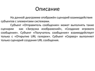 Описание
На данной диаграмме отображён сценарий взаимодействия
субъектов с элементами системами.
Субъект «Отправитель сообщения» может выполнять такие
сценарии
как «Загрузка изображений», «Создание игрового
сообщения». Субъект «Получатель сообщения» взаимодействует
только с «Открытие URL галереи». Субъект «Сервер» выполняет
только сценарий создания URL сообщения.

 