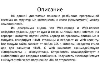 Описание
На данной диаграмме показано разбиение программной
системы на структурные компоненты и связи (зависимости) между
компонентами.
Из диаграммы видно, что Web-сервер и Web-клиент
находятся удалены друг от дуга и связаны линий связи Internet. На
сервере находятся модули сайта. Сервер по правилам описанные в
модулях, генерирует HTML страницы и передает их Web-клиенту.
Все модули сайта зависят от файла СSS в котором находятся стили
для для разметки HTML. С Web клиентом взаимодействуют
«Отправитель» и «Получатель». Отправитель взаимодействует с
«Editor.html» для создания сообщения. Получатель взаимодействует
с «Player.html» через полученное URL от отправитель

 