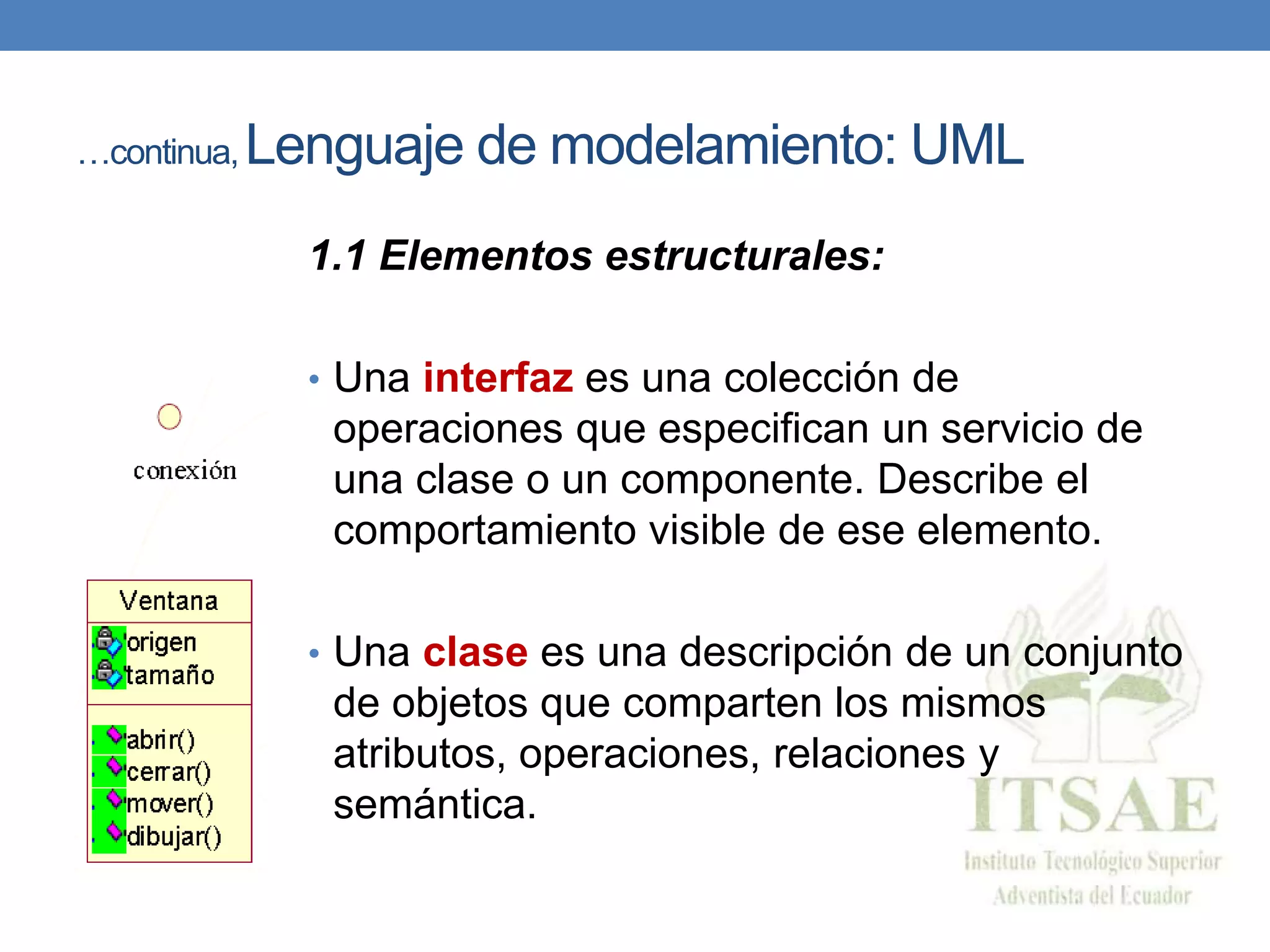 …continua, Lenguaje de modelamiento: UML
1.1 Elementos estructurales:
• Una interfaz es una colección de
operaciones que especifican un servicio de
una clase o un componente. Describe el
comportamiento visible de ese elemento.
• Una clase es una descripción de un conjunto
de objetos que comparten los mismos
atributos, operaciones, relaciones y
semántica.
 