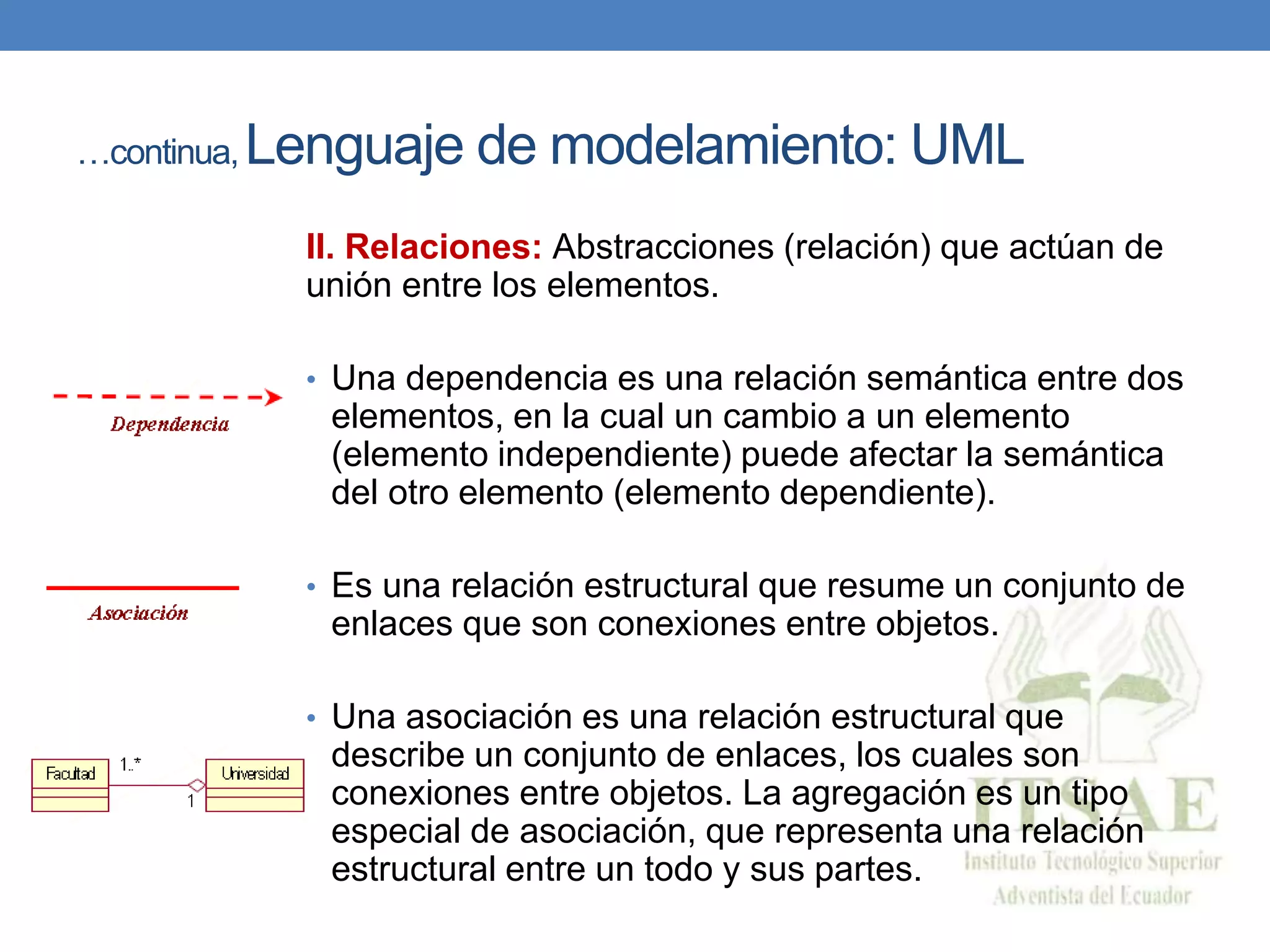 …continua, Lenguaje de modelamiento: UML
II. Relaciones: Abstracciones (relación) que actúan de
unión entre los elementos.
• Una dependencia es una relación semántica entre dos
elementos, en la cual un cambio a un elemento
(elemento independiente) puede afectar la semántica
del otro elemento (elemento dependiente).
• Es una relación estructural que resume un conjunto de
enlaces que son conexiones entre objetos.
• Una asociación es una relación estructural que
describe un conjunto de enlaces, los cuales son
conexiones entre objetos. La agregación es un tipo
especial de asociación, que representa una relación
estructural entre un todo y sus partes.
 