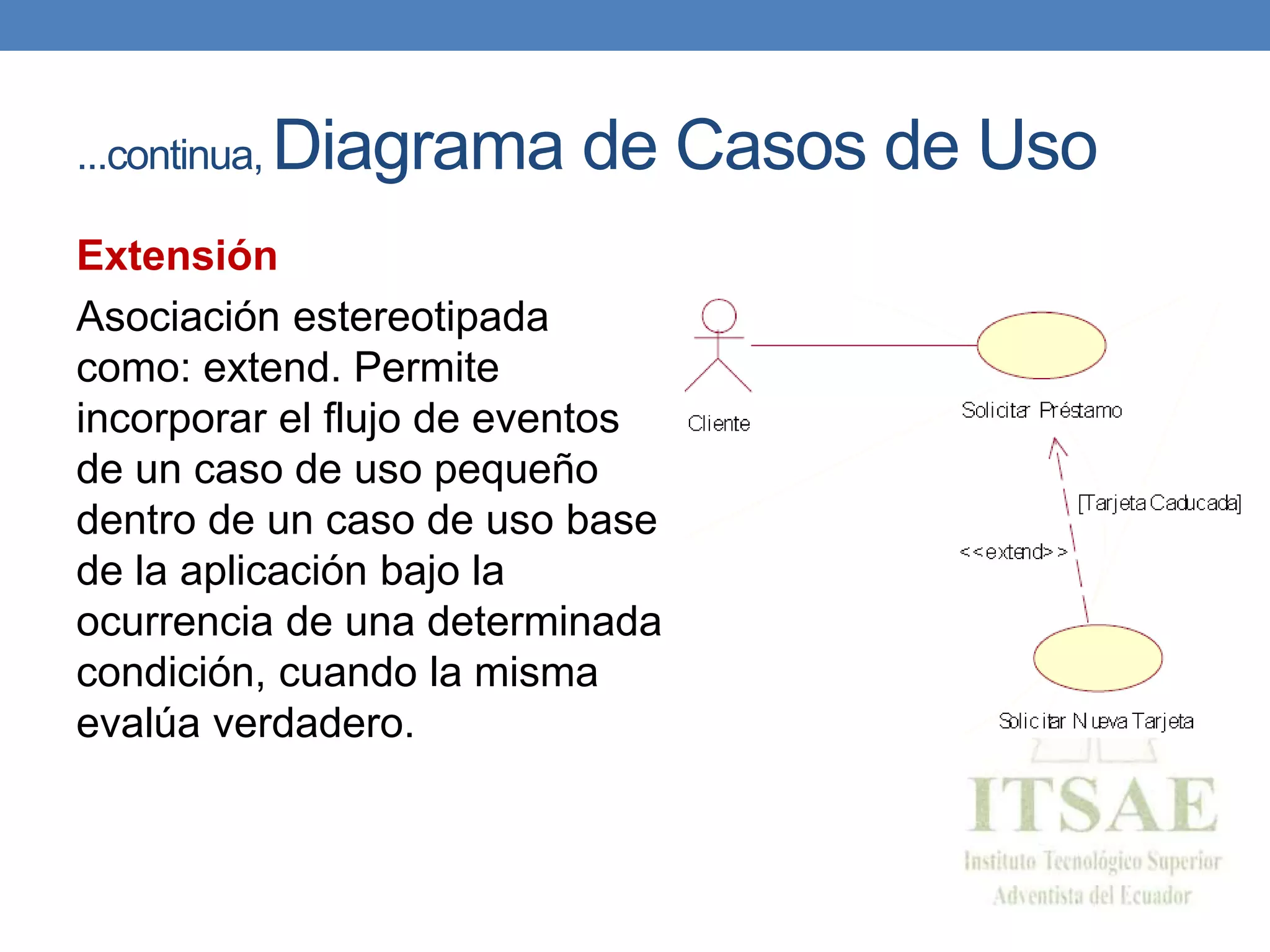 ...continua, Diagrama de Casos de Uso
Extensión
Asociación estereotipada
como: extend. Permite
incorporar el flujo de eventos
de un caso de uso pequeño
dentro de un caso de uso base
de la aplicación bajo la
ocurrencia de una determinada
condición, cuando la misma
evalúa verdadero.
 