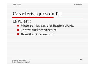 GL & MCOO A. Abdellatif
15UML et le processus
de développement logiciel
Caractéristiques du PU
Le PU est :
Piloté par les cas d’utilisation d’UML
Centré sur l’architecture
Itératif et incrémental
 