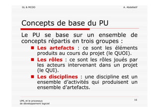 GL & MCOO A. Abdellatif
16UML et le processus
de développement logiciel
Concepts de base du PU
Le PU se base sur un ensemble de
concepts répartis en trois groupes :
Les artefacts : ce sont les éléments
produits au cours du projet (le QUOI).
Les rôles : ce sont les rôles joués par
les acteurs intervenant dans un projet
(le QUI).
Les disciplines : une discipline est un
ensemble d’activités qui produisent un
ensemble d’artefacts.
 