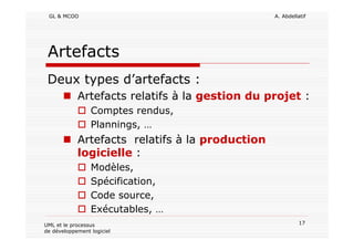 GL & MCOO A. Abdellatif
17UML et le processus
de développement logiciel
Artefacts
Deux types d’artefacts :
Artefacts relatifs à la gestion du projet :
Comptes rendus,
Plannings, …
Artefacts relatifs à la production
logicielle :
Modèles,
Spécification,
Code source,
Exécutables, …
 