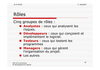 GL & MCOO A. Abdellatif
18UML et le processus
de développement logiciel
Rôles
Cinq groupes de rôles :
Analystes : ceux qui analysent les
risques.
Développeurs : ceux qui conçoient et
implémentent le logiciel.
Testeurs : ceux qui testent les
programmes
Managers : ceux qui gèrent
l’organisation du projet.
Les autres
 