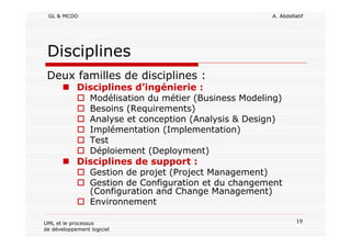 GL & MCOO A. Abdellatif
19UML et le processus
de développement logiciel
Disciplines
Deux familles de disciplines :
Disciplines d’ingénierie :
Modélisation du métier (Business Modeling)
Besoins (Requirements)
Analyse et conception (Analysis & Design)
Implémentation (Implementation)
Test
Déploiement (Deployment)
Disciplines de support :
Gestion de projet (Project Management)
Gestion de Configuration et du changement
(Configuration and Change Management)
Environnement
 