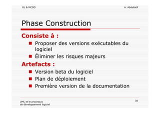 GL & MCOO A. Abdellatif
30UML et le processus
de développement logiciel
Phase Construction
Consiste à :
Proposer des versions exécutables du
logiciel
Éliminer les risques majeurs
Artefacts :
Version beta du logiciel
Plan de déploiement
Première version de la documentation
 