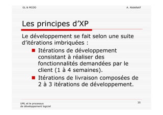 GL & MCOO A. Abdellatif
35UML et le processus
de développement logiciel
Les principes d’XP
Le développement se fait selon une suite
d’itérations imbriquées :
Itérations de développement
consistant à réaliser des
fonctionnalités demandées par le
client (1 à 4 semaines).
Itérations de livraison composées de
2 à 3 itérations de développement.
 