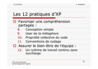 GL & MCOO A. Abdellatif
38UML et le processus
de développement logiciel
Les 12 pratiques d’XP
Favoriser une compréhension
partagée :
8. Conception simple
9. User de la métaphore
10. Propriété collective du code
11. Conventions de codage
Assurer le bien-être de l’équipe :
12. Un rythme de travail continu sans
surcharge
 