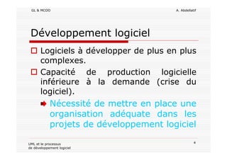 GL & MCOO A. Abdellatif
4UML et le processus
de développement logiciel
Développement logiciel
Logiciels à développer de plus en plus
complexes.
Capacité de production logicielle
inférieure à la demande (crise du
logiciel).
Nécessité de mettre en place une
organisation adéquate dans les
projets de développement logiciel
 