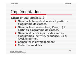 GL & MCOO A. Abdellatif
48UML et le processus
de développement logiciel
Implémentation
Cette phase consiste à :
Générer la base de données à partir du
diagramme de classes.
Générer les classes (Java, C++, …) à
partir du diagramme de classes.
Générer du code à partir des autres
diagrammes (activité, séquence, …) si
l’AGL le permet.
Compléter le développement.
Tester les modules.
 