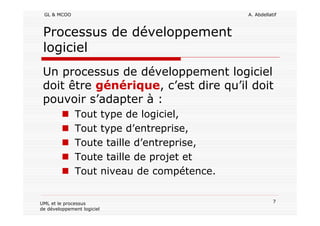 GL & MCOO A. Abdellatif
7UML et le processus
de développement logiciel
Processus de développement
logiciel
Un processus de développement logiciel
doit être générique, c’est dire qu’il doit
pouvoir s’adapter à :
Tout type de logiciel,
Tout type d’entreprise,
Toute taille d’entreprise,
Toute taille de projet et
Tout niveau de compétence.
 