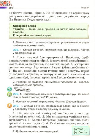 106 Розділ 4
но багато пісень, віршів. На ці символи по-особливому
реагують наші українськ.. душі, наші українськ.. серця
(За Василем Скуратівським).
&
Слово про слово
Тендітні — тонкі, ніжні, приємні на вигляд (про рослини
* і людей).
Граціозні — витончені, стрункі.
2. Випиши з тексту словосполучення, уставляючи пропущені
закінчення прикметників.
208. 1. Спиши речення. Прикметники, що в дужках, постав
у формі множини.
1. Букет справді був прекрасний. Волошки, (дріб­
ненька гостроноса) сокирки, (золотистий) безсмертники,
жовто-зелена медунйця, гіллястий звіробій, материнка
спліталися в одній дивовижній красі (Микола Олійник).
2. На дні повільно хмари (темно-синя) повзуть, немов
(підводний) кораблі, а навкруги ні клаптика землі —
одні лиш зорі, (строга і красива) (Василь Симоненко).
2. Розбери за будовою прикметник прекрасний, накресли
його модель за зразком.
П ідводн ий.
2 0 9 .1. Придивись до маминих або бабусиних рук. Які вони?
Чим зайняті кожного дня? Розкажи.
2. Напиши короткий твір на тему «Мамині (бабусині) руки».
210. 1. Спиши речення, поставивши слова, що в дужках,
у родовому або знахідному відмінку множини.
1. Під час (осінні канікули) ми їздили в гості до
(львівські ровесники). 2. Ми пишаємося успіхами (юні
футболісти). 3. Космос потребує (глибокі знання, люди
грамотні, сильні, мужні). 4. Учні нашого класу готують­
ся до (спортивні змагання).
футбол
2. Добери синоніми до слова мужні. гїп/тбпяігт
 