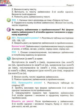 128 Розділ 4
2. Визначте мету тексту.
3. Випишіть із тексту займенники 3-ої особи однини.
Визначте їхній відмінок.
4. Поясніть роль займенників у тексті.
250. 1. Напиши текст-розповідь на тему «Співуча пір’їнка».
2. Підкресли в ньому особові займенники. Визнач їхні особу,
число і відмінок.
Як пишуть займенники з прийменниками? Які форми
мають займенники 3-оїособи однини і множини в оруд­
ному відмінку?
|__і} 251. Попрацюйте разом! 1. Розгляньте таблиці на сторінках
125,126,127.
2. Зверніть увагу на правопис займенників із прийменниками.
Запам’ятай! Займенники з прийменниками пишуть окремо:
зі мною, з тобою, на нас, у мене, перед нами, серед нас.
252. 1. Спиши словосполучення, поставивши займенники
в потрібному відмінку за зразком.
І Р Зустрілися (з ким?) з нами.
Зустрілися (з ким?) з (ми), подивилися (на кого?)
на (я), привіталися (з ким?) зі (я), запросили (до кого?)
до (ми), спілкувалися (з ким?) з (ти), попрощалися
(з ким?) з (Ви), передали (для кого?) для (ти), пораділи
(за кого?) за (я).
2. Визнач особу, число і відмінок займенників.
3. Поясни правопис займенників із прийменниками.
253. Попрацюйте разом! 1. Розгляньте таблицю на
сторінці 127.
2. Зробіть висновок про форми займенників 3-ої особи
однини і множини після прийменників.
3. Сформулюйте правило про правопис займенників
3-ої особи однини і множини в орудному відмінку без
прийменників.
Візьміть до уваги! Після прийменників у займенниках
3-ої особи однини і множини пишуть букву н після неї,
для нього, на ній, до них.
 