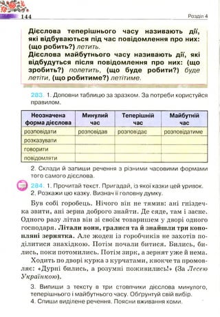 — 144 Розділ 4
Дієслова теперішнього часу називають дії,
які відбуваються під час повідомлення про них:
(що робить?) летить.
Дієслова майбутнього часу називають дії, які
відбудуться після повідомлення про них: (що
зробить?) полетить, (що буде робити?) буде
летіти, (що робитиме?) летітиме.
Швшт- . шшяшш >;«- г*. м и и
283. 1. Доповни таблицю за зразком. За потреби користуйся
правилом.
Неозначена
форма дієслова
Минулий
час
Теперішній
час
Майбутній
час
розповідати розповідав розповідає розповідатиме
розказувати
говорити
повідомляти
2. Склади й запиши речення з різними часовими формами
того самого дієслова.
34. 1. Прочитай текст. Пригадай, із якої казки цей уривок.
2. Розкажи цю казку. Визнач її головну думку.
Був собі горобець. Нічого він не тямив: ані гніздеч­
ка звити, ані зерна доброго знайти. Де сяде, там і засне.
Одного разу літав він зі своїм товаришем у дворі одного
господаря. Літали вони, гралися та й знайшли три коно­
пляні зернятка. Але жоден із горобчиків не захотів по­
ділитися знахідкою. Потім почали битися. Бились, би­
лись, поки потомились. Потім зирк, а зернят уже й нема.
Ходить по дворі курка з курчатами, квокче та промов­
ляє: «Дурні бились, а розумні поживились!» (За Лесею
Українкою).
3. Випиши з тексту в три стовпчики дієслова минулого,
теперішнього і майбутнього часу. Обґрунтуй свій вибір.
4. Спиши виділене речення. Поясни вживання коми.
 