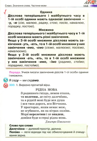 Слово. Значення слова. Частини мови 153
/
Однина
Дієслова теперішнього і майбутнього часу в
1-ій особі однини мають однакові закінчення —
-у, -ю (сію, малюю, раджу, стою-, посію, намалюю,
пораджу, постою).
Множина
Дієслова теперішнього і майбутнього часу в 1-ій
особі множини мають різні закінчення.
Якщо у 3-ій особі множини дієслова мають за­
кінчення -уть, -ють, то в 1-ій особі множини у них
закінчення -емо, -єм о (сіємо, малюємо; посіємо,
намалюємо).
Якщо у 3-ій особі множини дієслова мають
закінчення -ать, -ять, то в 1-ій особі множини
у них закінчення -имо, -їм о (радимо, стоїмо;
порадимо, постоїмо).
Порада Учися писати закінчення дієслів 1-ої особи однини
і множини.
Я сяду —ми сядемо.
300. 1. Виразно прочитай вірш.
РІДНА МОВА
З родинного гнізда, немов пташа,
ти полетиш, де світу далечйзна,
та в рідній мові буде вся душа
і вся твоя дорога, вся Вітчизна.
У просторах, яким немає меж,
не згубишся, як на вітрах полова.
Моря перелетиш і не впадеш,
допоки буде в серці рідна мова.
Дмитро Павличко
Слово про слово
Далечйзна — далекий простір, далина.
Полова — легкі відходи під час обмолочування й очищу­
вання зерна.
 