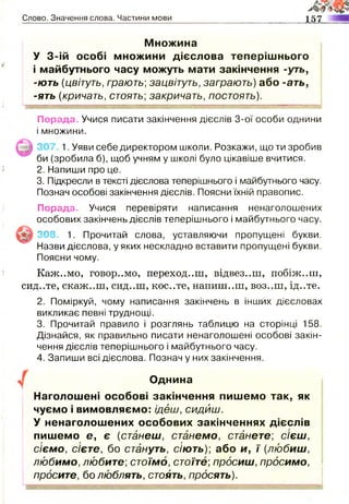 Слово. Значення слова. Частини мови 157
Множина
У 3-ій особі множини дієслова теперішнього
і майбутнього часу можуть мати закінчення -уть,
-ють (цвітуть, грають;зацвітуть, заграють) або -ать,
-ять (кричать, стоять; закричать, постоять).
Порада. Учися писати закінчення дієслів 3-ої особи однини
і множини.
307 1. Уяви себе директором школи. Розкажи, що ти зробив
би (зробила б), щоб учням у школі було цікавіше вчитися.
2. Напиши про це.
3. Підкресли в тексті дієслова теперішнього і майбутнього часу.
Познач особові закінчення дієслів. Поясни їхній правопис.
Порада. Учися перевіряти написання ненаголошених
особових закінчень дієслів теперішнього і майбутнього часу.
308, 1. Прочитай слова, уставляючи пропущені букви.
Назви дієслова, у яких нескладно вставити пропущені букви.
Поясни чому.
Каж..мо, говоримо, переходиш, відвез..ш, побіж..ш,
сид..те, скаж..ш, сид..ш, кос..те, напиш..ш, воз..ш, ід..те.
2. Поміркуй, чому написання закінчень в інших дієсловах
викликає певні труднощі.
3. Прочитай правило і розглянь таблицю на сторінці 158.
Дізнайся, як правильно писати ненаголошені особові закін­
чення дієслів теперішнього і майбутнього часу.
4. Запиши всі дієслова. Познач у них закінчення.
Однина
Наголошені особові закінчення пишемо так, як
чуємо і вимовляємо: ідеш, сидиш.
У ненаголошених особових закінченнях дієслів
пишемо е, є (станеш, станемо, станете; сієш,
сіємо, сієте, бо стануть, сіють); або и, ї {любиш,
любимо, любите; стоїмо, стоїте; просиш, просимо,
просите, бо люблять, стоять, просять).
 