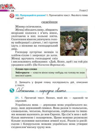 18 Розділ 2
V # ЗО. Попрацюйте разом! 1. Прочитайте текст. Яка його тема
і мета?
ОБЖИНКИ
Жнива скінчилися.
Женці обходять ниву, збирають
незрізані колоски і в’ють вінок,
уплітаючи в них польові квіти.
Сплетеним вінком увінчують голо­
ву найкращої з дівчат, і всі гуртом
ідуть з піснями на господарський
двір.
Господар зустрічає женців із
хлібом-сіллю і запрошує до хати.
Женці вручають господареві сніп
і висловлюють побажання: «Дай, Боже, щоб і на той рік
уродився хліб!» (За Олексою Воропаєм).
Слово про слово
Увінчувати — класти вінок кому-небудь на голову як знак
високої шани.
2. Запишіть у формі плану послідовність дій, описаних
у тексті.
О лО сим ш , — /-ьаруС^ш, сАяжпо.____________
31. 1. Прочитай текст. Визнач, який він — художній чи
науковий.
Українська мова — державна мова українського на­
роду, наш державний символ. Вона разом із польською,
словацькою, чеською, болгарською, сербською та інши­
ми мовами належить до мов Європи. Ця сім’я мов є най­
більш вивченою і поширеною. Цими мовами розмовляє
більше половини населення земної кулі. Разом із росій­
ською і білоруською мовами українська мова утворює
східнослов’янську групу мов.
 