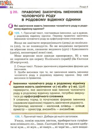 64 Розділ 4
§ 2 0 . ПРАВОПИС ЗАКІНЧЕНЬ ІМЕННИКІВ
ЧОЛОВІЧОГО РОДУ
В РОДОВОМУ ВІДМІНКУ ОДНИНИ
Які закінчення мають іменники чоловічого роду в родо­
вому відмінку однини?
125. 1. Прочитай текст, поставивши іменники, що в дужках,
у родовому відмінку однини. Перевір правопис закінчень
іменників чоловічого роду за орфографічним словником.
Якщо ви завітаєте передосіннього (день) до полісько­
го (ліс), то не пошкодуєте. Бо ви неодмінно натрапите
на вересове поле, сповнене медового (дух) і бджолиного
(дзвін), неповторної ясної сині.
Мене вересове поле завжди приворожує. Ні з чим
не порівняти цю окрасу Поліського (край)! (За Євгеном
Шморгуном).
2. Спиши текст. Познач закінчення у відмінкових формах цих
іменників.
3. Зроби висновок про те, які закінчення мають іменники
чоловічого роду в родовому відмінку однини. Звір свій
висновок із правилом.
Іменники чоловічого роду в родовому відмінку
однини мають закінчення -а (-я) або -у (-/о). Щоб
перевірити, яке закінчення має іменник чоловічого
роду в родовому відмінку однини, потрібно зверну­
тися до орфографічного словника.
У словнику поряд із початковою формою іменника
(називним відмінком) подають закінчення родового.
Наприклад: малюнок — малюнка, олівець — олівця-,
оркестр —оркестру, ансамбль —ансамблю.
126. 1. Прочитай текст. Добери до нього заголовок.
Унизу, поміж опалим листям, пробирається гущави­
ною осіннього ліс.. їжак. Сьогодні йому не вдалося здобу­
ти ні вуж.., ні жук.., ні павук.., ні черв’як.., зате пощас­
 
