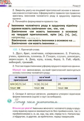 68 Розділ 4
2. Зверніть увагу на кінцевий приголосний основи в іменни­
ках кожного стовпчика. Сформулюйте правило про правопис
закінчень іменників чоловічого роду в орудному відмінку
однини.
3. Починайте формулювати правило так:
Іменники чоловічого роду в орудному відмінку
однини мають закінчення -ом, -ем, -єм.
Закінчення -ом мають іменники з основою
на твердий приголосний, крім [ж], [ч], [ш],
наприклад: ..., ..., ... .
Закінчення -єм мають іменники з основою на ...
Закінчення -єм мають іменники ...
132, 1. Прочитай слова.
1. Друг, брат, помічник, співрозмовник. 2. Учитель,
учень, приятель, хлопець. 3. Глядач, слухач, доповідач,
перекладач. 4. Дощ, кущ, плащ, борщ. 5. Гай, обрій,
небокрай, трамвай.
2. Постав подані іменники у форму орудного відмінка однини.
Міркуй так: визначаємо, на який приголосний закінчується
основа іменника чоловічого роду:
на твердий
приголосний
на м’який
приголосний
на приголосний
крім [ж],[ч], [ш] та [ж], [ч], [ш] [й]
пиши -ом пиши -ем пиши -єм
3. Склади й запиши речення, уживаючи утворені відмінкові
форми іменників (однієї з груп за вибором).
Візьми до уваги! Іменники жіночого і чоловічого роду в оруд­
ному відмінку однини вживаються як без прийменників, так і з
прийменниками з, із, за, над, під, між, перед та ін. Наприклад:
з подругою, із другом, за приятелем, перед товаришем.
 