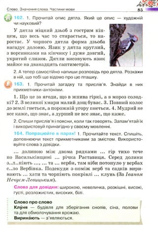 Слово. Значення слова. Частини мови 85
162. 1. Прочитай опис дятла. Який це опис — художній
чи науковий?
У дятла міцний дзьоб з гострим кін­
цем, що весь час то стирається, то на­
ростає. У чорного дятла форма дзьоба
нагадує долоню. Язик у дятла круглий,
з ворсинками на кінчику і дуже довгий,
укритий слизом. Дятли висовують язик
майже на дванадцять сантиметрів.
2, А тепер самостійно напиши розповідь про дятла. Розкажи
в ній, що тобі ще відомо про цю пташку.
у р 163. 1, Прочитай загадку та прислів’я. Знайди в них
прикметники-антоніми.
1. Що це за ягоди, що в жнива гіркі, а в мороз солод­
кі? 2. З великої хмари малий дощ буває. 3. Повний колос
до землі гнеться, а порожній угору пнеться. 4. Мудрий не
все каже, що знає, а дурний не все знає, що каже.
2. Спиши прислів’я і поясни, коли так говорять. Запам’ятай їх
і використовуй принагідно у своєму мовленні.
164. Попрацюйте в парах! 1. Прочитайте текст. Спишіть,
доповнюючи текст прикметниками за змістом. Використо­
вуйте слова з довідки.
... долиною між двома рядками ... гір тихо тече
по Васильківщині ... річка Раставиця. Серед долини
з..л..ніють ..., ... та ... верби, там ніби потонуло у вербах
с..ло Вербівка. Подекуди з-поміж верб та садків вири­
нають ... хати та чорніють покрівлі ... клунь (За Іваном
Нечуєм-Левицьким).
Слова для довідки* широкою, невеличка, розкішні, високі,
густі, розложистих, високих, білі.
Слово про слово
Клуня — будівля для зберігання снопів, сіна, полови
та для обмолочування врожаю.
• Виринають — з ’являються.
 