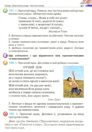 Слово. Значення слова. Частини мови 87
1 6 7 .1. Прочитай вірш. Поясни, яка частина мови найчастіше
вживається у вірші. Обґрунтуй свою думку.
Слова, слова... Вони в собі всі різні:
тривожні й тихі, радісні й сумні,
є терпеливі, є жорстокі й грізні,
лукаві й чесні, мудрі і смішні...
Михайло Ткач
2. Випиши з вірша прикметники за абеткою. Постав наголос
у словах.
3. Назви прикметники-антоніми, ужиті у вірші. Поясни їхню
роль у тексті.
4. Добери синоніми до прикметників різні, радісні. Склади
з ними речення.
Що спільного і що відмінного між прикметниками
та іменниками?
168. 1. Прочитай вірш. До слова о т ч и й добери синоніми.
ОТЧИЙ ДІМ
Мій отчий дім, де всі стежки мої
веселками ясними перевиті,
де у садах співають солов’ї,
де шлях в світи проліг в високім житі.
Мій отчий дім, ти дав усе мені,
моя маленька біла рідна хата
ввійшла у серце співом голосним
і словом тим, яке дарує мати.
Іван Драч
2. Випиши з вірша по одному словосполученню з прикмет­
никами чоловічого, жіночого і середнього роду. У дужках
познач рід прикметників.
169. 1. Прочитай казку. Доповни її, уставляючи на місці
пропусків слова.
Двоє друзів, Іменник і Прикметник, вирішили погра­
тись у гру «Сполучи слова». Для цього вони приготували
свої приклади. .. ,( л,
 