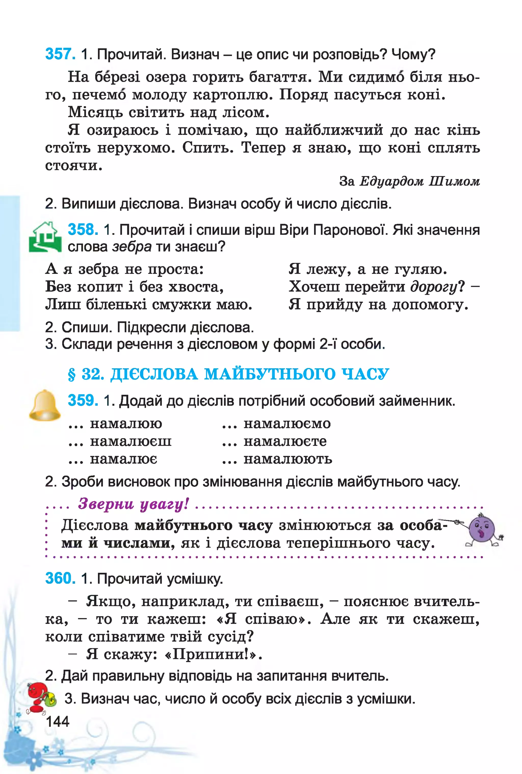 На березі озера горить багаття. Ми сидимо біля ньо­
го, печемо молоду картоплю. Поряд пасуться коні.
Місяць світить над лісом.
Я озираюсь і помічаю, що найближчий до нас кінь
стоїть нерухомо. Спить. Тепер я знаю, що коні сплять
стоячи.
За Едуардом Шимом
2. Випиши дієслова. Визнач особу й число дієслів.
358. 1. Прочитай і спиши вірш Віри Паронової. Які значення
слова зебра ти знаєш?
А я зебра не проста: Я лежу, а не гуляю.
Без копит і без хвоста, Хочеш перейти дорогу? -
Лиш біленькі смужки маю. Я прийду на допомогу.
2. Спиши. Підкресли дієслова.
3. Склади речення з дієсловом у формі 2-ї особи.
§ 32. ДІЄСЛОВА МАЙБУТНЬОГО ЧАСУ
359. 1. Додай до дієслів потрібний особовий займенник.
... намалюю ... намалюємо
... намалюєш ... намалюєте
... намалює ... намалюють
2. Зроби висновок про змінювання дієслів майбутнього часу.
... Зверни увагу!......................................................
Дієслова майбутнього часу змінюються за особаТ^А«
ми й числами, як і дієслова теперішнього часу.
357. 1. Прочитай. Визнач - це опис чи розповідь? Чому?
360. 1. Прочитай усмішку.
- Якщо, наприклад, ти співаєш, - пояснює вчитель­
ка, - то ти кажеш: «Я співаю». Але як ти скажеш,
коли співатиме твій сусід?
- Я скажу: «Припини!».
2. Дай правильну відповідь на запитання вчитель.
3. Визнач час, число й особу всіх дієслів з усмішки.
о^Щ)
144
 