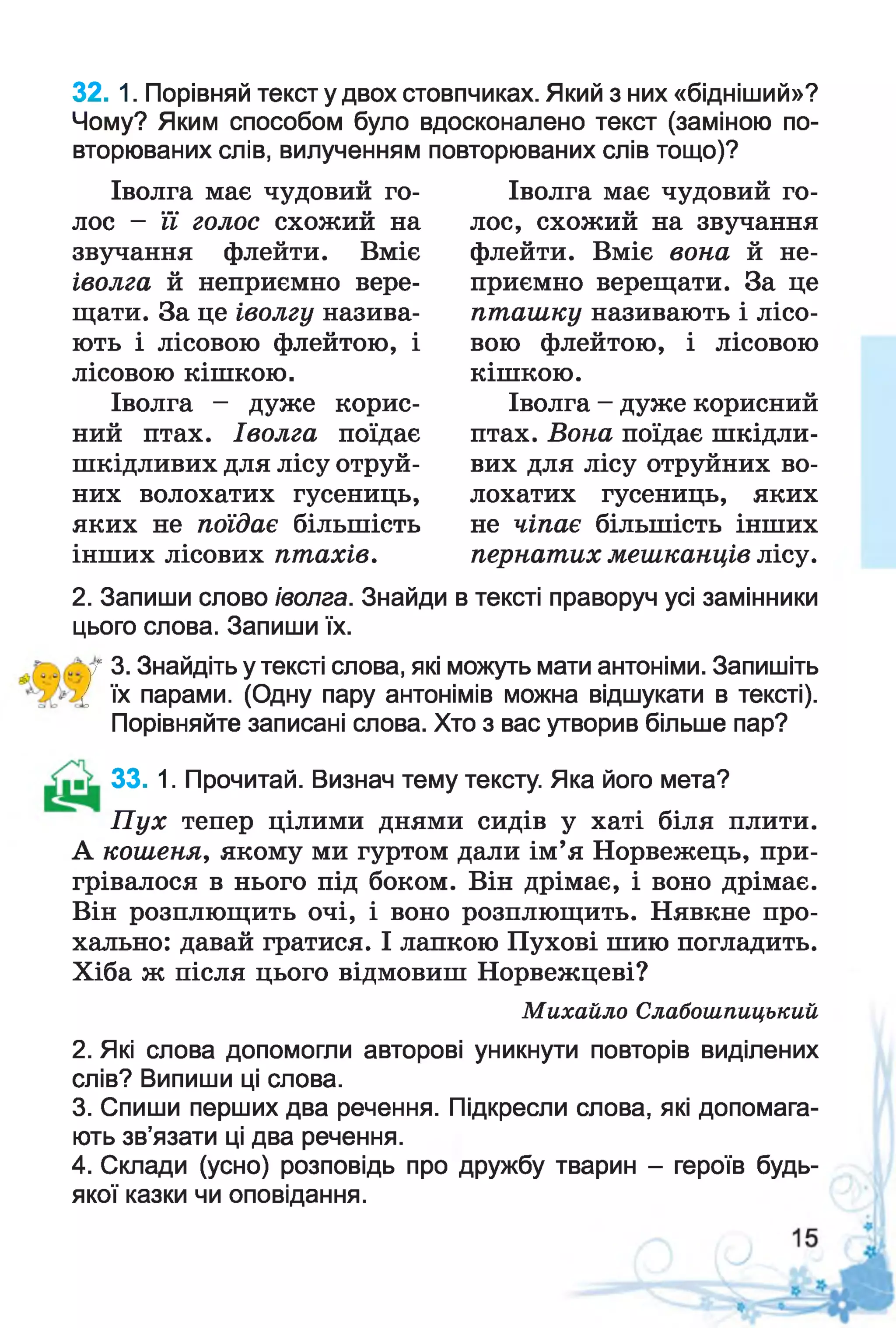 32. 1. Порівняй текст у двох стовпчиках. Який з них «бідніший»?
Чому? Яким способом було вдосконалено текст (заміною по­
вторюваних слів, вилученням повторюваних слів тощо)?
Іволга має чудовий го- Іволга має чудовий го­
лос - її голос схожий на лос, схожий на звучання
звучання флейти. Вміє флейти. Вміє вона й не-
іволга й неприємно вере- приємно верещати. За це
щати. За це іволгу назива- пташку називають і лісо-
ють і лісовою флейтою, і вою флейтою, і лісовою
лісовою кішкою. кішкою.
Іволга - дуже корис- Іволга - дуже корисний
ний птах. Іволга поїдає птах. Вона поїдає шкідли-
шкідливих для лісу отруй- вих для лісу отруйних во-
них волохатих гусениць, лохатих гусениць, яких
яких не псіідає більшість не чіпає більшість інших
інших лісових птахів. пернатих мешканців лісу.
2. Запиши слово іволга. Знайди в тексті праворуч усі замінники
цього слова. Запиши їх.
у" 3. Знайдіть у тексті слова, які можуть мати антоніми. Запишіть
І їх парами. (Одну пару антонімів можна відшукати в тексті).
Порівняйте записані слова. Хто з вас утворив більше пар?
33. 1. Прочитай. Визнач тему тексту. Яка його мета?
П ух тепер цілими днями сидів у хаті біля плити.
А кошеня, якому ми гуртом дали ім’я Норвежець, при­
грівалося в нього під боком. Він дрімає, і воно дрімає.
Він розплющить очі, і воно розплющить. Нявкне про­
хально: давай гратися. І лгілкою Пухові шию погладить.
Хіба ж після цього відмовиш Норвежцеві?
Михайло Слабошпицький
2. Які слова допомогли авторові уникнути повторів виділених
слів? Випиши ці слова.
3. Спиши перших два речення. Підкресли слова, які допомага­
ють зв’язати ці два речення.
4. Склади (усно) розповідь про дружбу тварин - героїв будь-
якої казки чи оповідання.
 