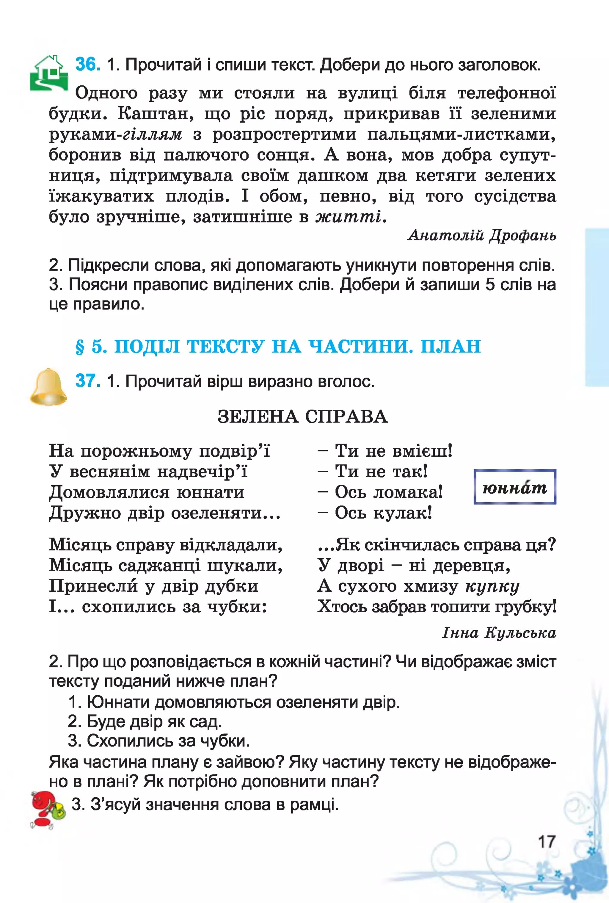 Одного разу ми стояли на вулиці біля телефонної
будки. Каштан, що ріс поряд, прикривав її зеленими
руками-гілляж з розпростертими пальцями-листками,
боронив від палючого сонця. А вона, мов добра супут­
ниця, підтримувала своїм дашком два кетяги зелених
їжакуватих плодів. І обом, певно, від того сусідства
було зручніше, затишніше в житті.
Анатолій Дрофань
2. Підкресли слова, які допомагають уникнути повторення слів.
3. Поясни правопис виділених слів. Добери й запиши 5 слів на
це правило.
^ 36. 1. Прочитай і спиши текст. Добери до нього заголовок.
§ 5. ПОДІЛ ТЕКСТУ НА ЧАСТИНИ. ПЛАН
^ 37. 1. Прочитай вірш виразно вголос.
ЗЕЛЕНА СПРАВА
На порожньому подвір’ї
У веснянім надвечір’ї
Домовлялися юннати
Дружно двір озеленяти...
Місяць справу відкладали,
Місяць саджанці шукали,
Принеслй у двір дубки
І... схопились за чубки:
юннат
- Ти не вмієш!
- Ти не так!
- Ось ломака!
- Ось кулак!
...Як скінчилась справа ця?
У дворі - ні деревця,
А сухого хмизу купку
Хтось забрав топити грубку!
Інна Кульська
2. Про що розповідається в кожній частині? Чи відображає зміст
тексту поданий нижче план?
1. Юннати домовляються озеленяти двір.
2. Буде двір як сад.
3. Схопились за чубки.
Яка частина плану є зайвою? Яку частину тексту не відображе­
но в плані? Як потрібно доповнити план?
3. З’ясуй значення слова в рамці.
 