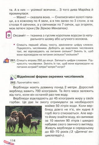 та. А в них — усілякої всячини... З того дива Марійка й
прокинулася.
— Мамо! — сказала вона. — Снилися мені золоті пала­
ци, а в кожному по 4 зали, а в тих залах по 3 столи, а на
столах 4 свічники, а у свічниках по 7 свічок, що згоряли,
мов летючі зірки (За Зіркою Мензатюк).
О ! Оксамит — тканина з густим коротким ворсом із нату­
рального шовку або штучного волокна.
• Спишіть перший абзац тексту, замінюючи цифру словом.
Підкресліть числівники. Доберіть до виділених числівників
такі, які відповідають на питання скільки? Змініть їх, щоб
вони відповідали на питання скількох? скільком?
2 6 1 . Спишіть вправу 260 до кінця. Запишіть цифри словами. Під-
кресліть числівники. Змініть їх так, щоб вони відповідали на
питання котрий? котра? котре? котрі?
» | В ідм інкові ф орми окрем их числівників
262. Прочитайте текст.
Верблюди мають довжину понад 2 метри. Дорослий
верблюд важить 700 кілограмів. Та його маса залежить
від того, коли він останній раз пив воду.
Верблюди відкладають до 45 кілограмів жиру у своїх
горбах. Це дає їм змогу отримувати за необхідності
майже 50 літрів води. Коли вер­
блюд довго не п’є, він худне й
горб його стискається. Але вар­
то йому знайти воду, він випиває
за 10 хвилин 90 літрів і швидко
набуває свого звичного вигляду.
Живуть верблюди в середньому
до 60-70 років (3 «Дитячої ен­
циклопедії»).
 