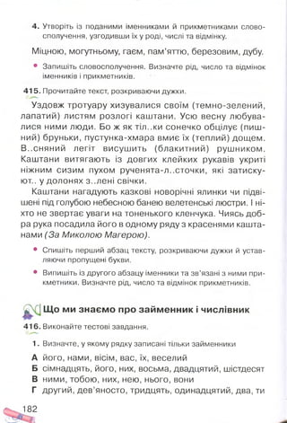 4. Утворіть із поданими іменниками й прикметниками слово­
сполучення, узгодивши їх у роді, числі та відмінку.
Міцною, могутньому, гаєм, пам’яттю, березовим, дубу.
• Запишіть словосполучення. Визначте рід, число та відмінок
іменників і прикметників.
415. Прочитайте текст, розкриваючи дужки.
Уздовж тротуару хизувалися своїм (темно-зелений,
лапатий) листям розлогі каштани. Усю весну любува­
лися ними люди. Бо ж як тіл..ки сонечко обцілує (пиш­
ний) бруньки, пустунка-хмара вмиє їх (теплий) дощем.
В-.сняний легіт висушить (блакитний) рушником.
Каштани витягають із довгих клейких рукавів укриті
ніжним сизим пухом рученята-л..сточки, які затиску-
ЮТ.. у ДОЛО НЯ Х З..Л Є Н І свічки.
Каштани нагадують казкові новорічні ялинки чи підві­
шені під голубою небесною банею велетенські люстри. І ні­
хто не звертає уваги на тоненького кленчука. Чиясь доб­
ра рука посадила його в одному ряду з красенями кашта­
нами (За Миколою Магерою).
• Спишіть перший абзац тексту, розкриваючи дужки й устав­
ляючи пропущені букви.
• Випишіть із другого абзацу іменники та зв’язані з ними при­
кметники. Визначте рід, число та відмінок прикметників.
4 і Щ о ми знаєм о про займ енник і числівник
416. Виконайте тестові завдання.
1. Визначте, у якому рядку записані тільки займенники
А його, нами, вісім, вас, їх, веселий
Б сімнадцять, його, них, восьма, двадцятий, шістдесят
В ними, тобою, них, нею, нього, вони
Г другий, дев’яносто, тридцять, одинадцятий, два, ти
182
 
