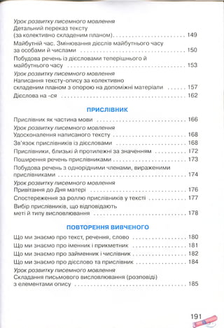 Урок розвитку писемного мовлення
Детальний переказ тексту
(за колективно складеним планом)............................................... 149
Майбутній час. Змінювання дієслів майбутнього часу
за особами й числами .................................................................... 150
Побудова речень із дієсловами теперішнього й
майбутнього часу .............................................................................153
Урок розвитку писемного мовлення
Написання тексту-опису за колективно
складеним планом з опорою на допоміжні матеріали .......... 157
Дієслова на-ся ................................................................................. 162
ПРИСЛІВНИК
Прислівник як частина мови .......................................................... 166
Урок розвитку писемного мовлення
Удосконалення написаного те ксту ................................................168
Зв’язок прислівників із дієсловами ..............................................168
Прислівники, близькі й протилежні за значенням ..................... 172
Поширення речень прислівниками................................................173
Побудова речень з однорідними членами, вираженими
прислівниками................................................................................... 174
Урок розвитку писемного мовлення
Привітання до Дня матері ...............................................................176
Спостереження за роллю прислівників у т е кс т і.........................177
Вибір прислівників, що відповідають
меті й типу висловлювання ............................................................ 178
ПОВТОРЕННЯ ВИВЧЕНОГО
Що ми знаємо про текст, речення, слово ..................................180
Що ми знаємо про іменник і прикметник .........................181
Що ми знаємо про займенник і числівник.........................182
Що ми знаємо про дієслово та прислівник................................184
Урок розвитку писемного мовлення
Складання письмового висловлювання (розповіді)
з елементами о п и с у .........................................................................185
 