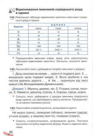 Л : Відміню вання ім енників середнього роду
^ в однині
142. Розгляньте таблицю відмінкових закінчень іменників серед-
нього роду в однині.
Відмінок
О Д Н И Н А
село поле плече
н. -0 -е -е
р. -а -я -а
д. -У -ю -у
Зн. -о -е -е
Ор. -ом -ем -ем
М. (У) -і (на) -і (на) -і
Кл. -0 -е -е
• Провідміняйте іменники озеро, море, віче, користуючись
таблицею відмінкових закінчень. Запишіть, позначте закін­
чення.
143. Прочитайте текст, добираючи потрібні іменники з довідки.
1. Дощ нанизав на мокре ... краплі й подався далі. 2. ...
визирнуло крізь порвані хмари. 3. Воно зробило з тих
чистих крапель дороге ... . 4. Аж ... скрикнуло від такої
краси! (За Володимиром Думанським).
Довідка: 1. Малину, дерево, ліс. 2. Пташка, сонце, лиси­
ця. 3. Намисто, веселку, стрічку. 4. Сорока, серце, ворон.
• Спишіть текст, добираючи з довідки іменники середнього
роду однини, що відповідають змісту речення. Провідміняй­
те вставлені іменники (усно).
144. Прочитайте словосполучення, розкриваючи дужки.
Не видно (село), смакуємо (яблуко), зеленим (листя),
утішив (слово), у нашому (життя), пливемо (озеро).
• Спишіть словосполучення, розкриваючи дужки. Поставте
іменники в потрібну відмінкову форму. Укажіть відмінок імен­
ників.
66
 