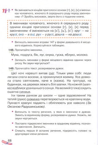 • Як змінюються кінцеві приголосні основи [г], [к], [х] в іменни­
ках чоловічого, жіночого й середнього роду перед закінчен­
ням -/'? Зробіть висновок, звірте його з поданим нижче.
В Іменниках чоловічого, ЖІНОЧОГО Й середнього роду І
і однини кінцеві приголосні основи [г], [к], [х] перед »
і закінченням -і змінюються на [з'], [ц і, [с ]: круг — на і
І крузі, око — в оці, рух —у русі, дошка —на дошці.
• Випишіть іменники вправи 147 у формі давального й місце­
вого відмінків. Користуйтеся таблицею.
148. Прочитайте іменники.
Муха, подруга, бік, луг, онука, гуска, яблуко, молоко.
• Запишіть іменники у формі місцевого відмінка однини через
риску. Які звуки чергуються?
149. Прочитайте текст, розкриваючи дужки.
Цієї ночі нарешті випав сніг. Тільки уяви собі: люди
лягали спати восени, а прокинулися взимку. Усе довко­
ла стало святковим, наче в (казка). На тротуарі, на
будинках, на деревах лежать білі шапки. На кожній (шап­
ка) відблискуранішнього сонця. На великій (гілка) сидить
ошатна синиця.
Іти таким ранком до школи — одне задоволення! На
теплій (рука) сніжинка перетворюється на краплину води.
Пухнасті красуні падають і обліплюють усе навколо (За
Оксаною Радушинською).
• Випишіть із тексту речення, у яких є іменники в дужках.
Змініть їх відмінкову форму, розкриваючи дужки. Укажіть, які
звуки чергуються.
• Поставте підкреслені іменники в орудному відмінку, познач­
те закінчення. Запишіть.
• Спишіть перше й останнє речення, підкресліть головні та
другорядні члени речення.
 