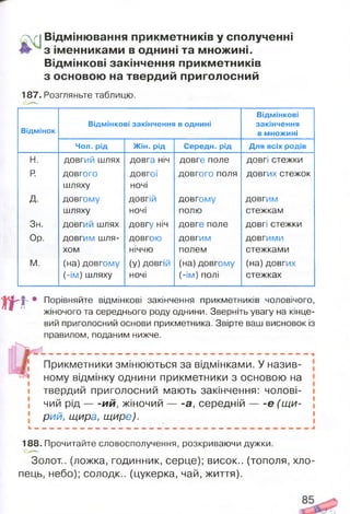■сг| Відмінювання прикм етників у сполученні
!з іменниками в однині та м нож ині.
Відмінкові закінчення прикм етників
з основою на твердий приголосний
187. Розгляньте таблицю.
Відмінок
Відмінкові закінчення в однині
Відмінкові
закінчення
в множині
Чол. рід Ж ін. рід Середн. рід Для всіх родів
н. ДО ВГИЙ ш л я х д о в г а н іч д о в г е п о л е д о в г і с т е ж к и
р. д о в г о г о д о в г о ї д о в г о г о п о л я д о в г и х с т е ж о к
ш л я х у н о ч і
д. д о в г о м у д о в г ій д о в г о м у д о в г и м
ш л я х у НОЧІ п о л ю с т е ж к а м
З н . д о в г и й ш л я х д о в г у н іч д о в г е п о л е д о в г і с т е ж к и
Ор. д о в г и м ш л я ­ д о в г о ю д о в г и м д о в г и м и
х о м н іч ч ю п о л е м с т е ж к а м и
М. ( н а ) д о в г о м у (у ) д о в г ій ( н а ) д о в г о м у (н а ) д о в г и х
( - ім ) ш л я х у н о ч і ( - ім ) п о л і с т е ж к а х
т •
Порівняйте відмінкові закінчення прикметників чоловічого,
жіночого та середнього роду однини. Зверніть увагу на кінце­
вий приголосний основи прикметника. Звірте ваш висновок із
правилом, поданим нижче.
Прикметники змінюються за відмінками. У назив­
ному відмінку однини прикметники з основою на
твердий приголосний мають закінчення: чолові­
чий р ід ий, жіночий а, середній е (щ и­
рий, щира, щире).
188. Прочитайте словосполучення, розкриваючи дужки.
Золот.. (ложка, годинник, серце); висок., (тополя, хло­
пець, небо); солодк.. (цукерка, чай, життя).
 