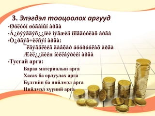 3. Элэгдэл тооцоолох аргууд 
•Øóëóóí øóãàìûí àðãà 
•Á¿òýýãäýõ¿¿íèé íýãæèä íîîãäóóëàõ àðãà 
•Ò¿ðãýâ÷èëñýí àðãà: 
¯ëäýãäëèéã äàâõàð áóóðóóëàõ àðãà 
Æèë¿¿äèéн íèéëáýðèéí àðãà 
•Тусгай арга: 
Бараа материалын арга 
Хасах ба орлуулах арга 
Бүлгийн ба нийлмэл арга 
Нийлмэл хүүний арга 
 