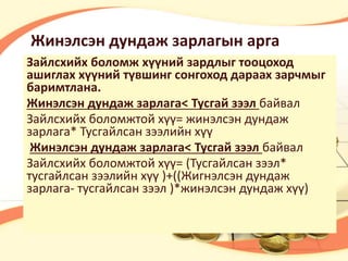 Жинэлсэн дундаж зарлагын арга 
Зайлсхийх боломж хүүний зардлыг тооцоход 
ашиглах хүүний түвшинг сонгоход дараах зарчмыг 
баримтлана. 
Жинэлсэн дундаж зарлага< Тусгай зээл байвал 
Зайлсхийх боломжтой хүү= жинэлсэн дундаж 
зарлага* Тусгайлсан зээлийн хүү 
Жинэлсэн дундаж зарлага< Тусгай зээл байвал 
Зайлсхийх боломжтой хүү= (Тусгайлсан зээл* 
тусгайлсан зээлийн хүү )+((Жигнэлсэн дундаж 
зарлага- тусгайлсан зээл )*жинэлсэн дундаж хүү) 
 