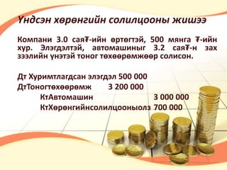 Үндсэн хөрөнгийн солилцооны жишээ 
Компани 3.0 сая₮-ийн өртөгтэй, 500 мянга ₮-ийн 
хур. Элэгдэлтэй, автомашиныг 3.2 сая₮-н зах 
зээлийн үнэтэй тоног төхөөрөмжөөр солисон. 
Дт Хуримтлагдсан элэгдэл 500 000 
ДтТоногтөхөөрөмж 3 200 000 
КтАвтомашин 3 000 000 
КтХөрөнгийнсолилцооныолз 700 000 
 