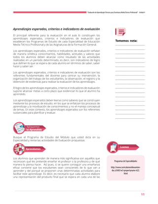 11
“Evaluación de AprendizajesTécnicos para Enseñanza MediaTécnico Profesional”- Unidad 4
Programas de Especialidades
http://www.curriculumenlineamine-
duc.cl/605/w3-propertyname-622.
html
Aprendizajes esperados, criterios e indicadores de evaluación
El principal referente para la evaluación en el aula lo constituyen los
aprendizajes esperados, criterios e indicadores de evaluación que
establecen los Programas de Estudio de cada Especialidad de Educación
Media Técnico Profesional y de las Asignaturas de la Formación General.
Los aprendizajes esperados, criterios e indicadores de evaluación señalan
de manera sintética conocimientos, habilidades, actitudes y valores que
todos los alumnos deben alcanzar como resultado de las actividades
realizadas en un periodo determinado, es decir, son indicadores de logro
que definen lo que se espera de cada alumno en términos de saber, saber
hacer y saber ser.
Los aprendizajes esperados, criterios e indicadores de evaluación son los
referentes fundamentales del docente para centrar su intervención, la
organización del trabajo de los estudiantes, la observación, el registro y la
obtención de evidencias para realizar la evaluación de los aprendizajes.
El logro de los aprendizajes esperados, criterios e indicadores de evaluación
supone alcanzar metas a corto plazo que evidencian lo que el alumno ha
aprendido.
Los aprendizajes esperados deben leerse como saberes que se construyen
mediante los procesos de estudio, en los que se enfatizan los procesos de
aprendizaje y la movilización de conocimientos y no el manejo conceptual
de temas. En este contexto, los aprendizajes esperados son los referentes
sustanciales para planificar y evaluar.
Apliquemos
lo Aprendido
Busque el Programa de Estudio del Módulo que usted dicta en su
Especialidad y revise las actividades de Evaluación propuestas
Los alumnos que aprenden de manera más significativa son aquellos que
reconocen qué les pretende enseñar el profesor o la profesora y de qué
manera lo piensa hacer. Así pues, si se quiere conseguir una enseñanza
eficaz conviene que los estudiantes sean conscientes de lo que van a
aprender y del porqué se proponen unas determinadas actividades para
facilitar este aprendizaje. Es decir, es necesario que cada alumno elabore
una representación del producto final que se espera en cada una de las
Tomemos nota:
Aprendamos
Leamos
 