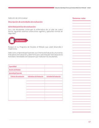 17
“Evaluación de AprendizajesTécnicos para Enseñanza MediaTécnico Profesional”- Unidad 4
Selección de cómo evaluar
Los y las estudiantes construyen la enfierradura de un pilar de cuatro
barras, siguiendo sistemas constructivos vigentes y aplicando normas de
seguridad.
Busque en su Programa de Estudios el Módulo que usted desarrolla e
implementa.
Seleccione un Aprendizaje Esperado, sus Criterios de Evaluación, enuncie los
Indicadores de Evaluación y determine para cada Indicador de Evaluación la
Actividad o Actividades de Evaluación que realizarán los estudiantes.
Descripción de actividades de evaluación
Actividad práctica de evaluación:
Tomemos nota:
Especialidad
NombredelMódulo
AprendizajeEsperado
Criteriosdeevaluación IndicadoresdeEvaluación ActividaddeEvaluación
 