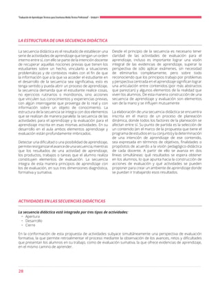 28
“Evaluación de AprendizajesTécnicos para Enseñanza MediaTécnico Profesional”- Unidad 4
LA ESTRUCTURA DE UNA SECUENCIA DIDÁCTICA
La secuencia didáctica es el resultado de establecer una
serie de actividades de aprendizaje que tengan un orden
interno entre sí, con ello se parte de la intención docente
de recuperar aquellas nociones previas que tienen los
estudiantes sobre un hecho, vincularlo a situaciones
problemáticas y de contextos reales con el fin de que
la información que a la que va acceder el estudiante en
el desarrollo de la secuencia sea significativa, esto es
tenga sentido y pueda abrir un proceso de aprendizaje,
la secuencia demanda que el estudiante realice cosas,
no ejercicios rutinarios o monótonos, sino acciones
que vinculen sus conocimientos y experiencias previas,
con algún interrogante que provenga de lo real y con
información sobre un objeto de conocimiento. La
estructura de la secuencia se integra con dos elementos
que se realizan de manera paralela: la secuencia de las
actividades para el aprendizaje y la evaluación para el
aprendizaje inscrita en esas mismas actividades. En su
desarrollo en el aula ambos elementos aprendizaje y
evaluación están profundamente imbricados.
Detectar una dificultad o una posibilidad de aprendizaje,
permitereorganizarelavancedeunasecuencia,mientras
que los resultados de una actividad de aprendizaje,
los productos, trabajos o tareas que el alumno realiza
constituyen elementos de evaluación. La secuencia
integra de esta manera principios de aprendizaje con
los de evaluación, en sus tres dimensiones diagnóstica,
formativa y sumativa.
Desde el principio de la secuencia es necesario tener
claridad de las actividades de evaluación para el
aprendizaje, incluso es importante lograr una visión
integral de las evidencias de aprendizaje, superar la
perspectiva de sólo aplicar exámenes, sin necesidad
de eliminarlos completamente, pero sobre todo
reconociendo que los principios trabajo por problemas
y perspectiva centrada en el aprendizaje significan lograr
una articulación entre contenidos (por más abstractos
que parezcan) y algunos elementos de la realidad que
viven los alumnos. De esta manera construcción de una
secuencia de aprendizaje y evaluación son elementos
van de la mano y se influyen mutuamente
La elaboración de una secuencia didáctica se encuentra
inscrita en el marco de un proceso de planeación
dinámica, donde todos los factores de la planeación se
afectan entre sí. Su punto de partida es la selección de
un contenido (en el marco de la propuesta que tiene el
programa de estudios en su conjunto) y la determinación
de una intención de aprendizaje de ese contenido,
sea expresada en términos de objetivos, finalidades o
propósitos de acuerdo a la visión pedagógico-didáctica
de cada docente. A partir de ello se avanza en dos
líneas simultáneas: qué resultados se espera obtener
en los alumnos, lo que apunta hacia la construcción de
acciones de evaluación y qué actividades se pueden
proponer para crear un ambiente de aprendizaje donde
se puedan ir trabajando esos resultados.
La secuencia didáctica está integrada por tres tipos de actividades:
•	 Apertura
•	 Desarrollo
•	 Cierre
En la conformación de esta propuesta de actividades subyace simultáneamente una perspectiva de evaluación
formativa, la que permite retroalimentar el proceso mediante la observación de los avances, retos y dificultades
que presentan los alumnos en su trabajo, como de evaluación sumativa, la que ofrece evidencias de aprendizaje,
en el mismo camino de aprender.
ACTIVIDADES EN LAS SECUENCIAS DIDÁCTICAS
 